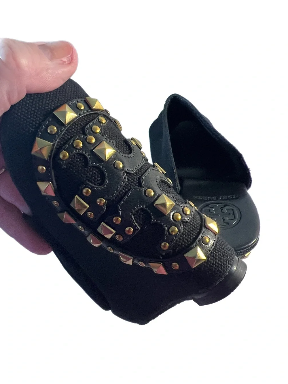 EUC Tory Burch Canvas Meredith Studded Peep-Toe Wedges  Black gold size 7